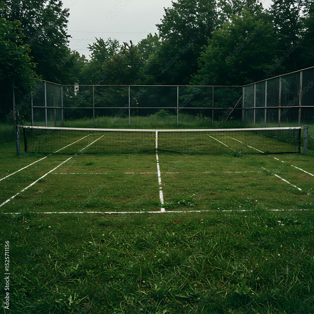 Fototapeta premium An abandoned tennis court being slowly reclaimed by nature, with long grass covering the playing surface. A scene of decay, solitude, and forgotten places. 