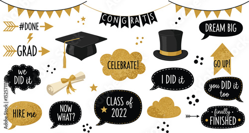 Photo booth props for graduation party. Congrats graduates. Photobooth vector set in gold and black. Hat, diploma, bubbles with funny quotes. University, school, academy grad symbo