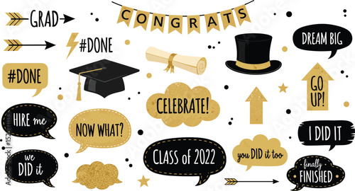 Photo booth props for graduation party. Congrats graduates. Photobooth vector set in gold and black. Hat, diploma, bubbles with funny quotes. University, school, academy grad symbo