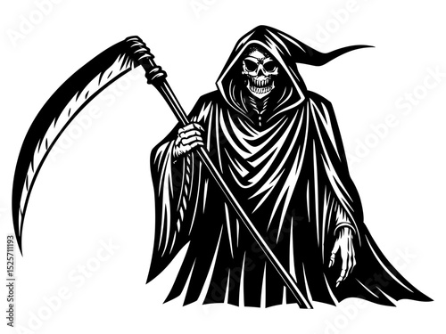 
A dark, ominous monochrome illustration of the Grim Reaper, a skeletal figure in a hooded cloak, holding a large scythe.