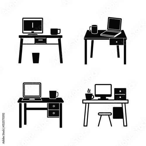 Office desk silhouette set with furniture and work setup elements vector illustration.