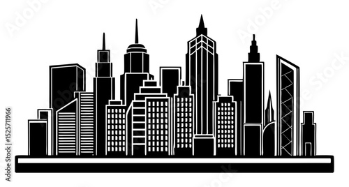 A stylized monochrome illustration of a modern city skyline with various skyscrapers and buildings.