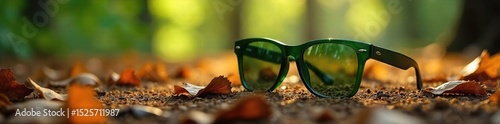 A pair of stylish forest green glasses rests on a bed of fallen leaves and pine needles, sunlight dappling through the branches Perfect for nature, outdoor, and eyewear advertising , optical, green