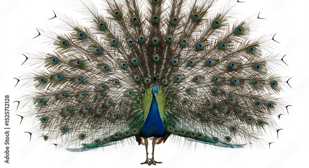 Fototapeta premium Majestic peacock displays vibrant iridescent plumage against a stark white background. AI Generated
