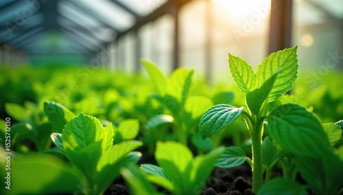 Lush green herbs thriving in a greenhouse environment, sunlight streaming through the glass panes illuminating vibrant leaves and healthy growth , springtime, hydroponics, foliage