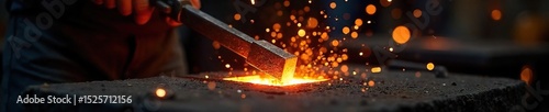 Close-up of a glowing, red-hot metal workpiece being forged in a blacksmith's forge, sparks flying Intense heat and craftsmanship are evident , bright, temperature, industry