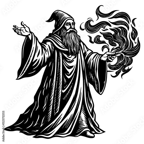 A monochrome illustration of a robed wizard with a long beard and pointed hat, conjuring a swirling burst of magic from his outstretched hand, evoking fantasy and power.
