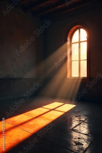 A dimly lit interior space, long shadows stretching across the floor, suggesting a late hour Warm light from a single source illuminates dust motes in the air , building, vintage, antique