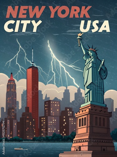 Illustration of a vibrant city skyline featuring a prominent statue, dramatic lightning in the background, showcasing urban life and energy in a stylized artistic representation