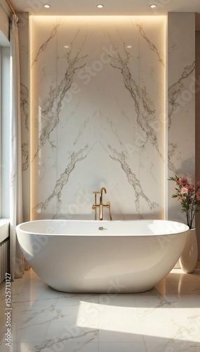 Luxurious bathroom interior with freestanding bathtub, marble accents, and soft lighting creates a tranquil and serene spa-like atmosphere Perfect for relaxation and self-care , marble, elegant