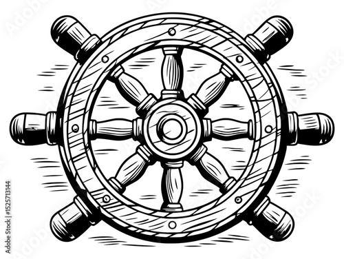 
A monochrome illustration of a classic ship's steering wheel, crafted from wood, symbolizing navigation, direction, or leadership.
