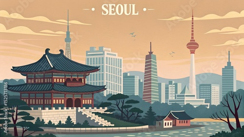 Traditional Asian architecture with a modern city skyline in the background, showcasing harmony between historical and contemporary design elements in a vibrant urban landscape