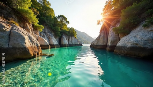 Secluded cove bathed in golden summer sunlight, calm turquoise water laps gently against smooth rocks Ideal for travel, vacation, or nature themes Perfect summer escape , tranquil, tranquil waters