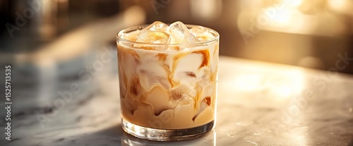 Iced coffee delight: Creamy swirls and refreshing chill in a glass on marble table