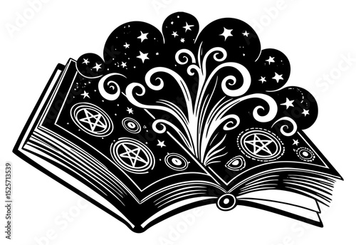A stylized monochrome illustration of an open book with glowing patterns, stars, and magical swirls emanating from its pages, signifying a spellbook or source of arcane knowledge.