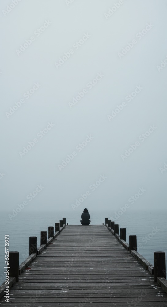 Obraz premium Solitude on a Misty Pier: A Person Contemplates Life's Mysteries by the Calm Lake