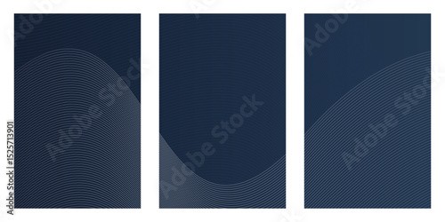 Blue book cover and a collection of blue and black vector banners with blank design elements. cards display an abstract design. Each card contains thin white lines that mimic the shape of a wave.