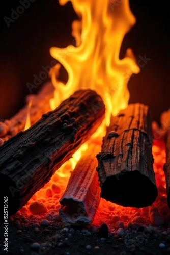 Close-up shot of vibrant orange and yellow flames engulfing a stack of seasoned firewood, embers glowing brightly Perfect for themes of warmth, comfort, and rustic ambiance , logs, fuel, flames
