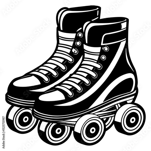A classic pair of roller skates with high-top boots and four wheels, rendered in a monochrome illustration.