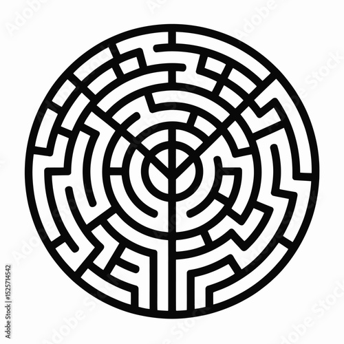 Circular Maze Puzzle Illustration in Black and White for Creative Projects