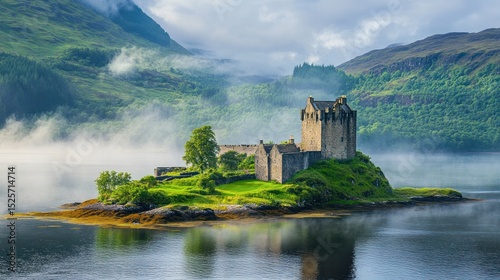 Eilean Donan Castle majestically stands on its island during foggy mornings