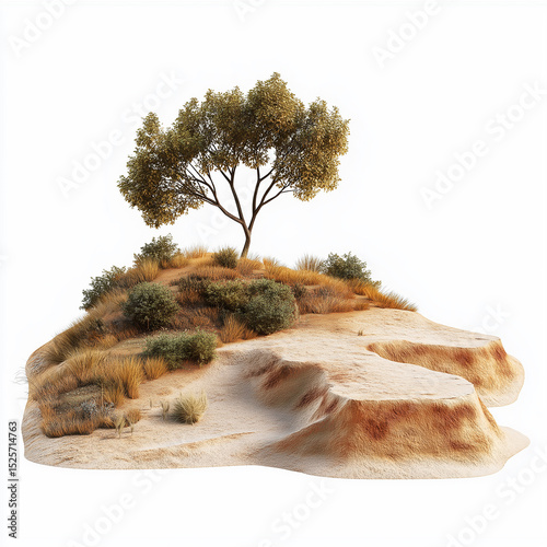 Desert islet model with a lone tree, low vegetation, sand, showing the natural landscape of arid terrain