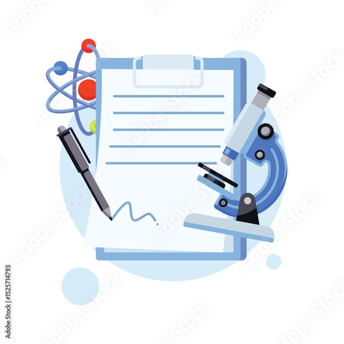 Science Flat Illustration with Floating Microscope, Atom Icon, and Pen on Soft Blue Background