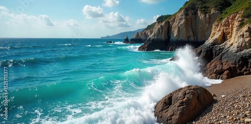 Rugged coastal scene featuring dramatic rocky shoreline meeting turquoise ocean waves Perfect for travel, nature, and geology themes Ideal for website banners and tourism brochures , summer, stones