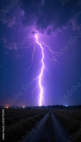 Massive lightning bolt illuminates the night sky, a dramatic display of nature's raw power The bright flash dominates the dark landscape , colossal, landscape