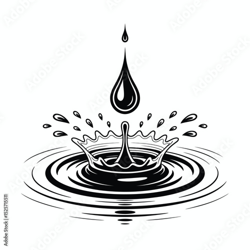 Monochrome Water Drop Impact Creating Crown and Ripples in Water