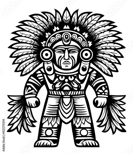 A striking black and white illustration of an ancient Mesoamerican deity or warrior figure adorned with an elaborate feathered headdress and ornate regalia, depicted in a highly stylized manner.