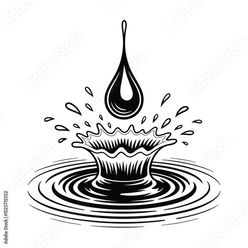 Water Drop Impacting Surface Creating Splash and Ripples Black and White