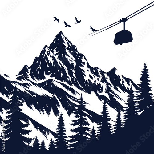 A stark, dark blue silhouette of a mountain range with pine trees and a cable car gondola, set against a white background.