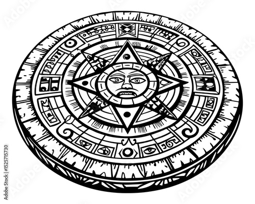 A highly detailed black and white illustration of an ancient Aztec calendar stone or sun stone, featuring intricate carvings of symbols and a central facial figure.