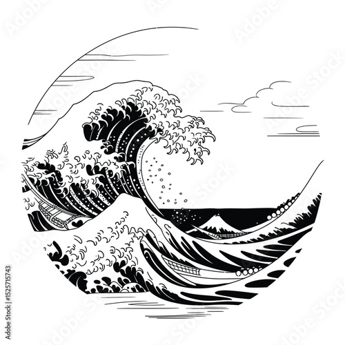 The Great Wave off Kanagawa Inspired Black and White Illustration