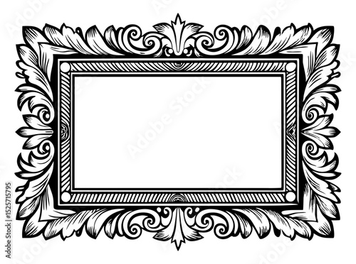 
A monochrome rectangular frame with elaborate baroque or rococo-style swirling leaf and floral embellishments, perfect for elegant designs.