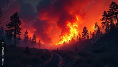Fierce wildfire raging through a dry forest, consuming trees and underbrush, billowing smoke into the sky The intense flames illuminate the night , embers, climate change