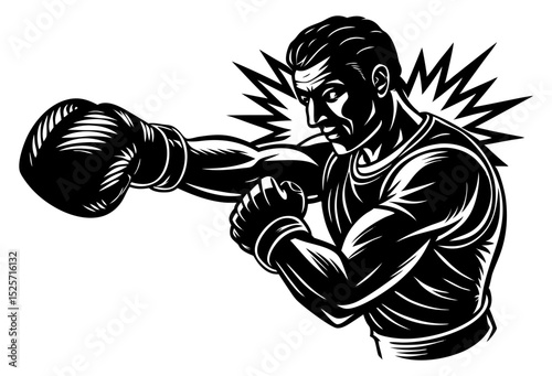 
A monochrome illustration of a powerful boxer delivering a punch, with sharp lines and a burst graphic behind his fist, conveying force and impact.