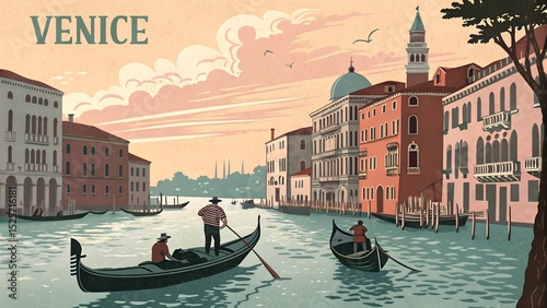 Vintage illustration of gondolas navigating through serene waters of a historic city, showcasing beautiful architecture and a tranquil atmosphere with soft pastel colors