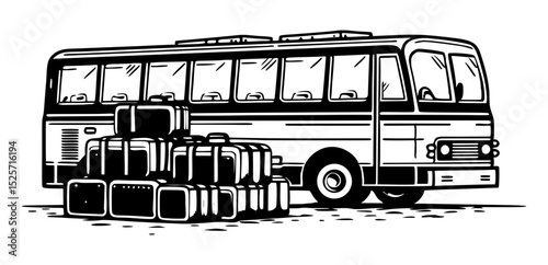 A monochromatic illustration of a long-distance bus with a stack of luggage beside it, conveying travel and journey.