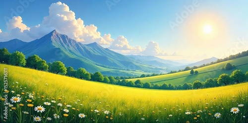 Serene landscape painting depicting a sun-drenched meadow with rolling hills and a distant mountain range, vibrant colors evoke a sense of peace and tranquility , artwork, peaceful, breathtaking