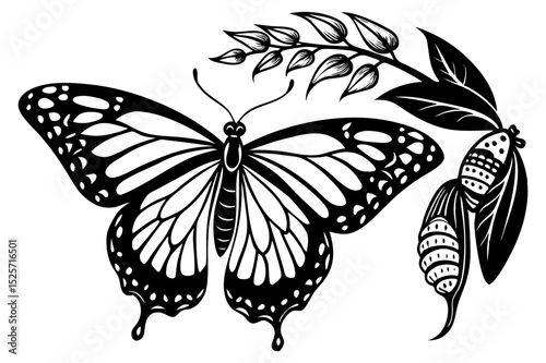 A striking black and white illustration of a butterfly with intricate wing patterns, perched alongside a plant with leaves and seed pods, depicting natural beauty and transformation.