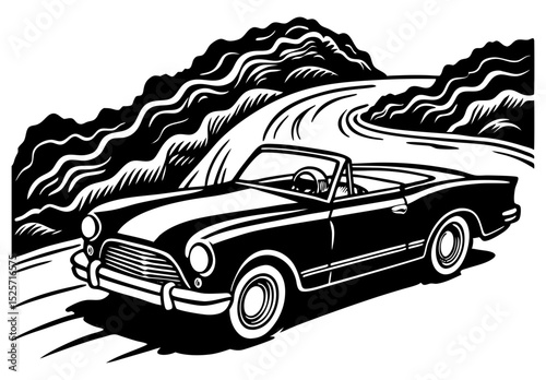 A monochrome illustration of a vintage convertible car driving along a winding road with rolling hills in the background.