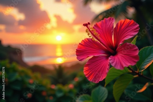 Vibrant hibiscus blooms at sunset, lush tropical foliage backdrop, Philippines, background