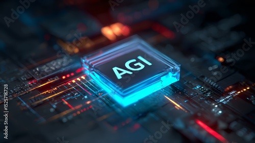 Blue glowing AGI button on futuristic technology interface
