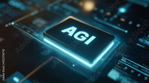Blue glowing AGI button on futuristic technology interface