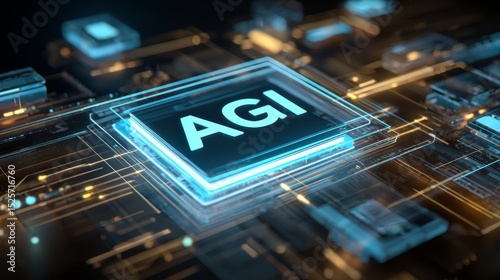 Blue glowing AGI button on futuristic technology interface