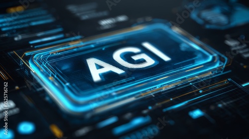 Blue glowing AGI button on futuristic technology interface