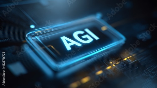 Blue glowing AGI button on futuristic technology interface