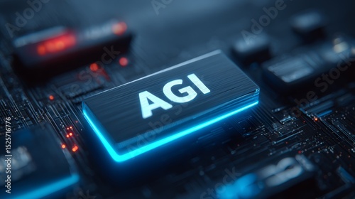 Blue glowing AGI button on futuristic technology interface